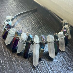 Iridescent Crystal Headband with clear & aura coated quartz crystals.